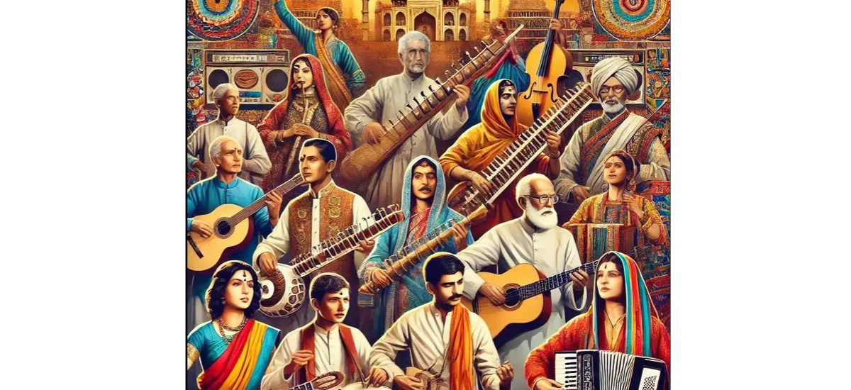 This image is a vibrant and artistic representation of Indian musicians, showcasing a variety of traditional instruments and culturally rich attire. The composition includes male and female figures dressed in colorful, traditional Indian garments, playing instruments such as the sitar, guitar, sarangi, and tabla. The background features ornate, detailed mosaic artwork and historic architectural elements, emphasizing the rich cultural heritage of India. Each character is depicted with a solemn expression, contributing to the solemn and celebratory atmosphere of the scene.