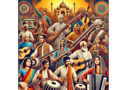 This image is a vibrant and artistic representation of Indian musicians, showcasing a variety of traditional instruments and culturally rich attire. The composition includes male and female figures dressed in colorful, traditional Indian garments, playing instruments such as the sitar, guitar, sarangi, and tabla. The background features ornate, detailed mosaic artwork and historic architectural elements, emphasizing the rich cultural heritage of India. Each character is depicted with a solemn expression, contributing to the solemn and celebratory atmosphere of the scene.