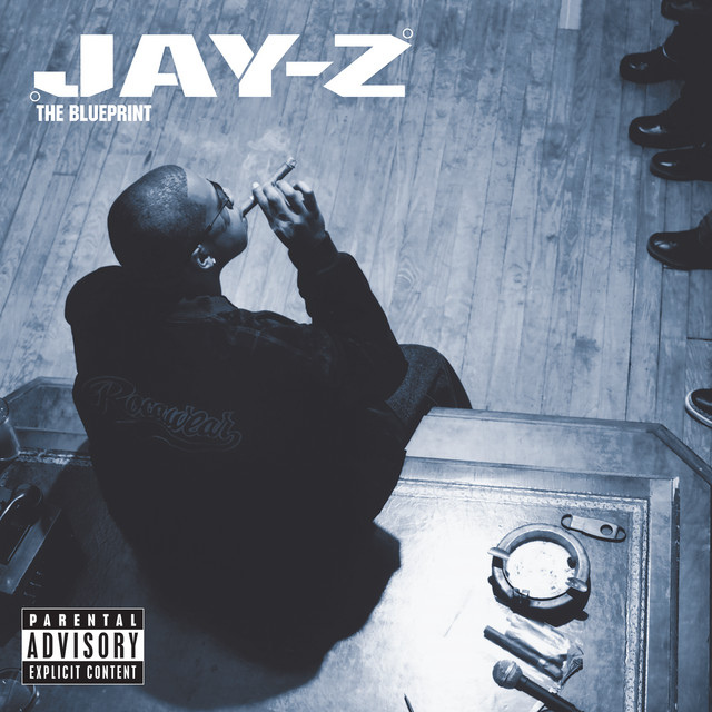 Jay-Z's The Blueprint album cover in blue tint.