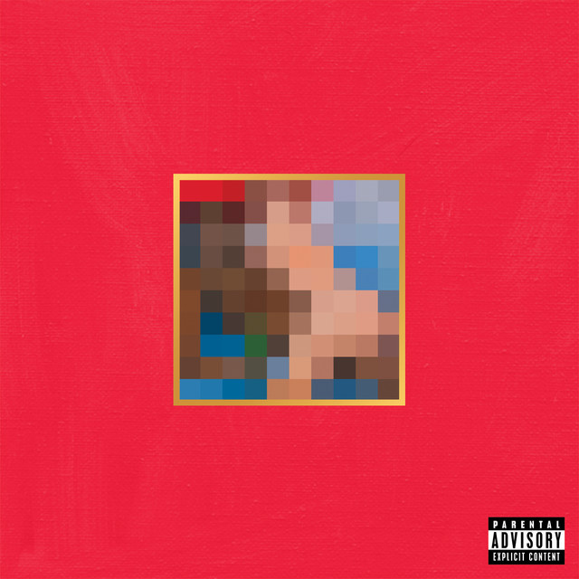 My Beautiful Dark Twisted Fantasy album cover with a red background and a pixelated central image.