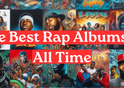 A vibrant collage of iconic rap album covers with bold red and white text overlay reading "The Best Rap Albums of All Time